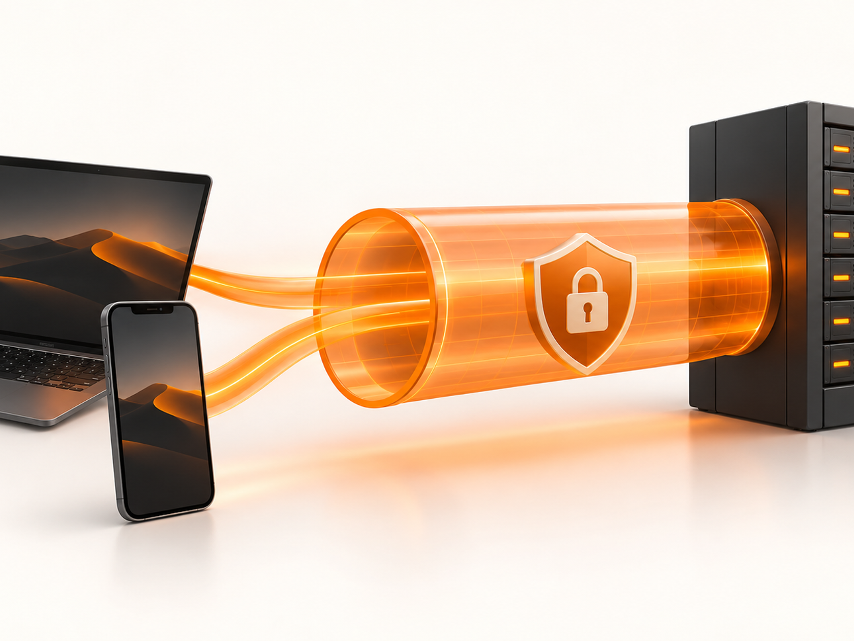 Laptop and phone connected to a server through an orange VPN tunnel with a lock.