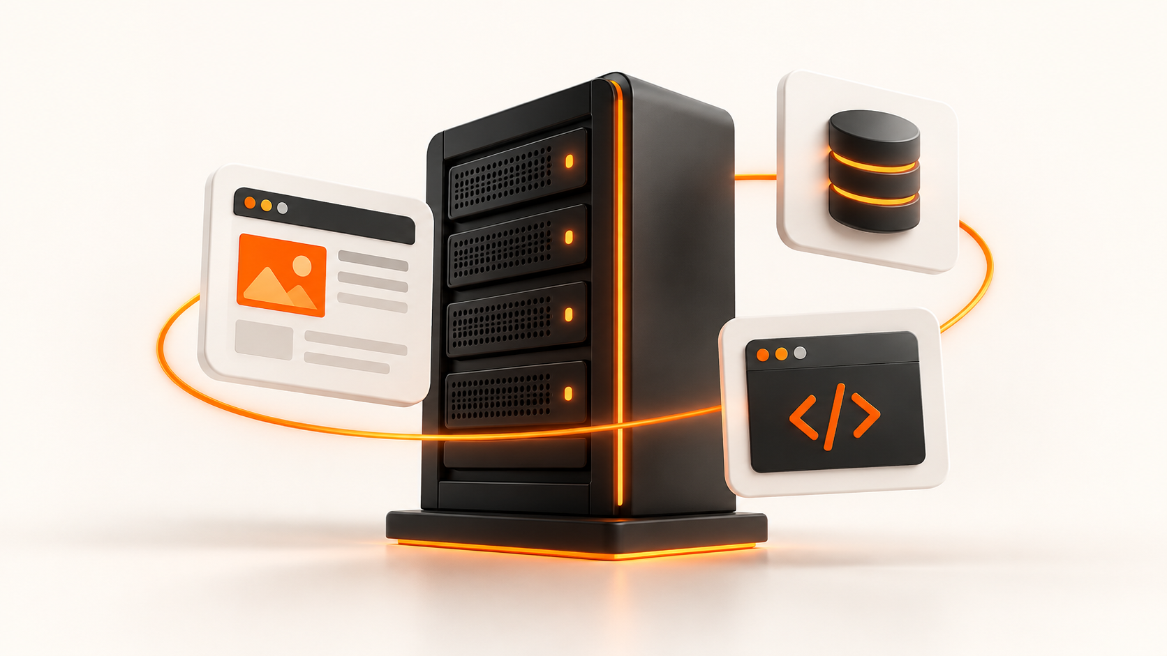Server connected to website, database and code icons illustrating VPS uses.