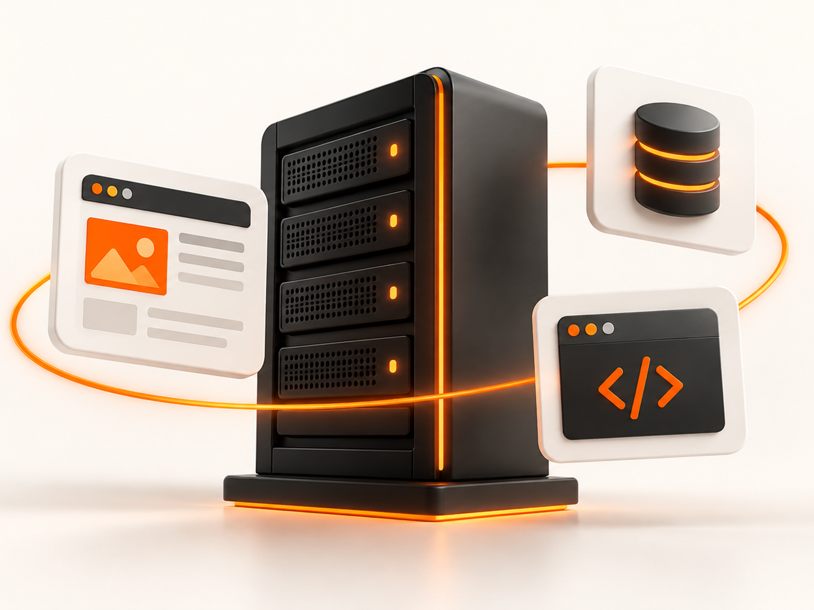 Server connected to website, database and code icons illustrating VPS uses.