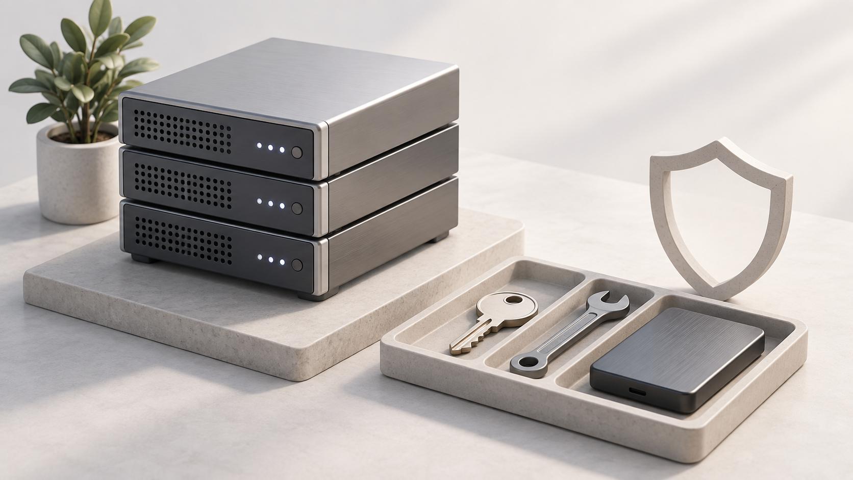 Stacked servers beside maintenance tools and a shield illustrating unmanaged VPS administration.