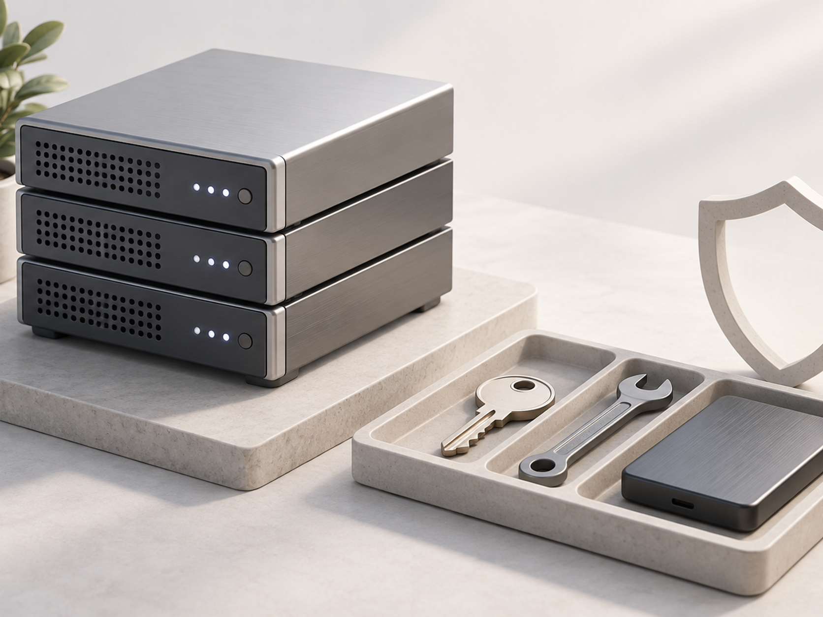 Stacked servers beside maintenance tools and a shield illustrating unmanaged VPS administration.