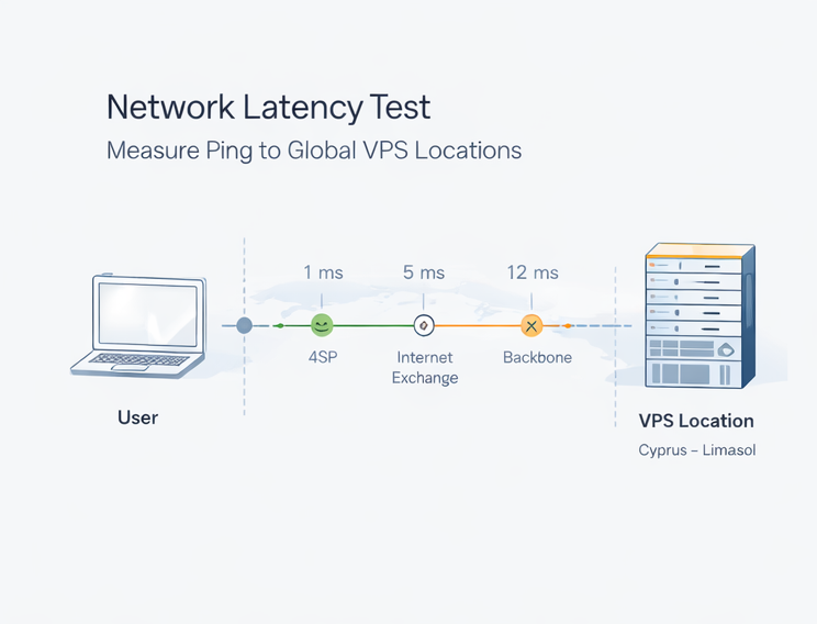 Network latency diagram showing ping between user device and VPS hosting location