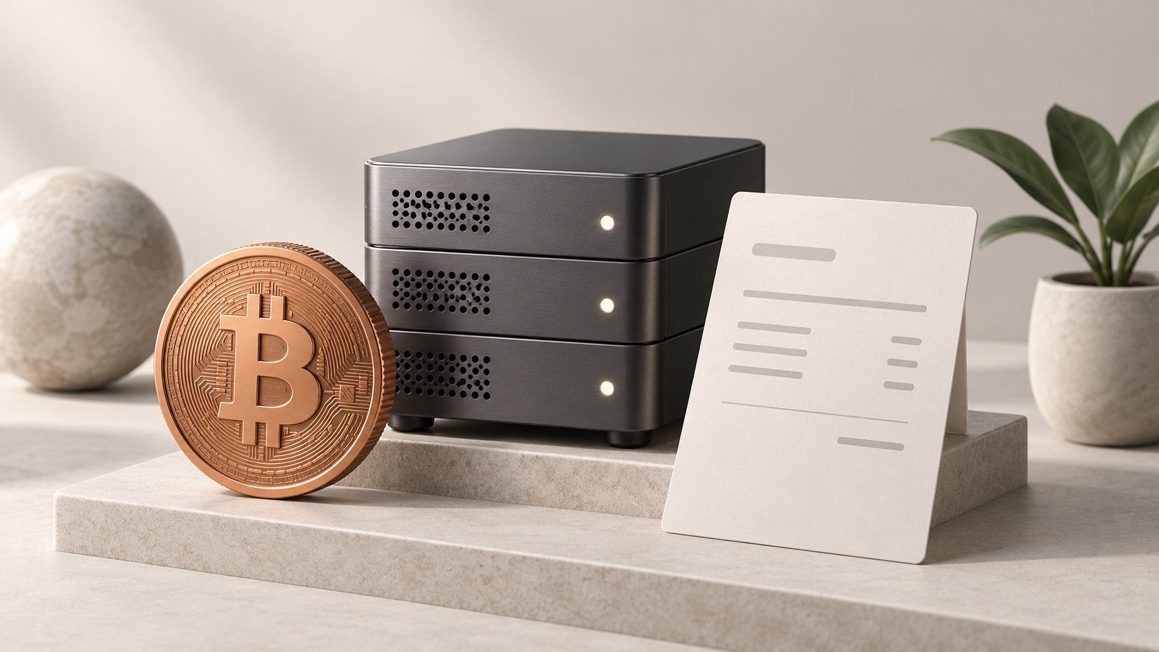 Bitcoin coin beside VPS servers and an invoice.