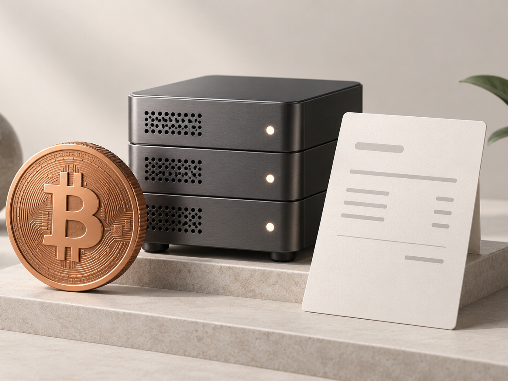 Bitcoin coin beside VPS servers and an invoice.