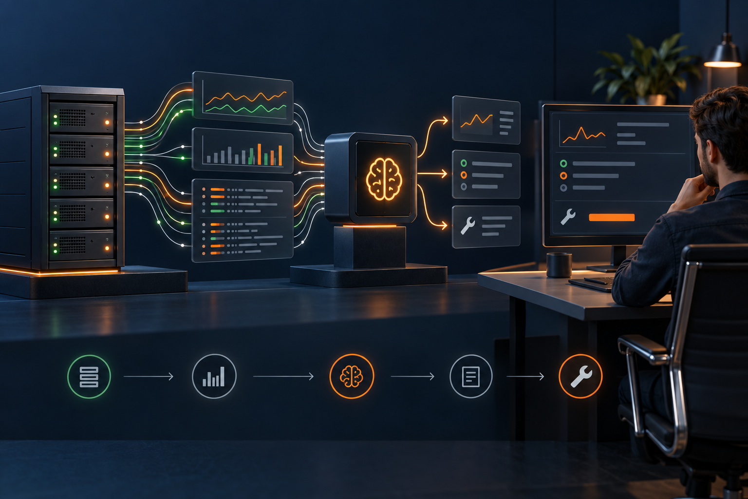 VPS metrics and logs flowing into an AI-assisted diagnostic workflow reviewed by an administrator