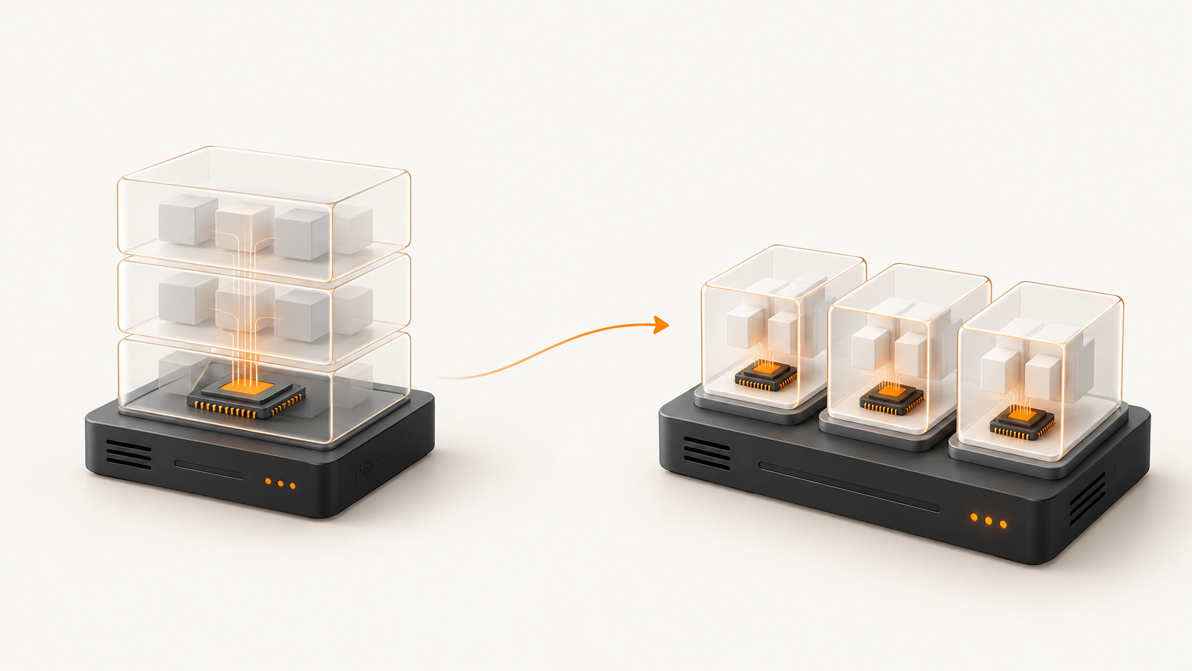 Light illustration of older shared-kernel containers beside separate KVM virtual machines.