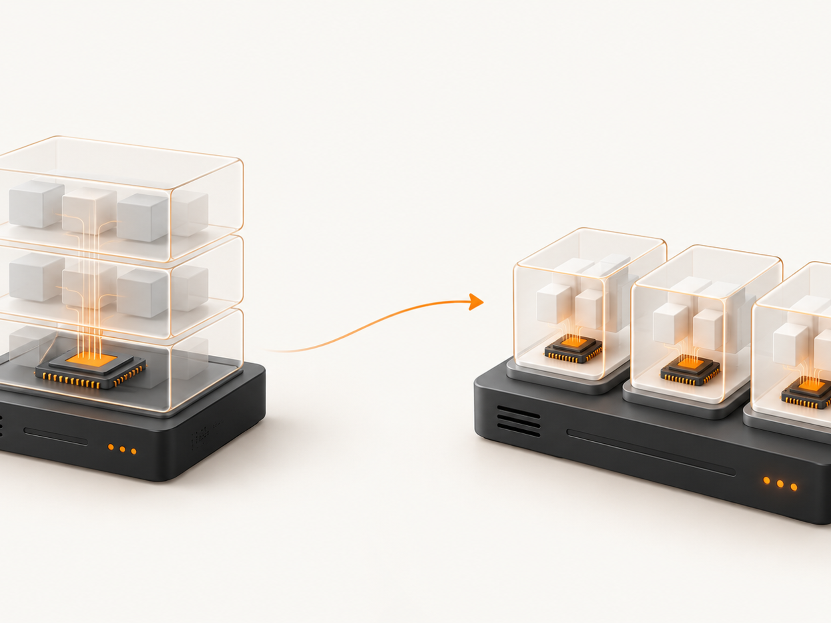 Light illustration of older shared-kernel containers beside separate KVM virtual machines.