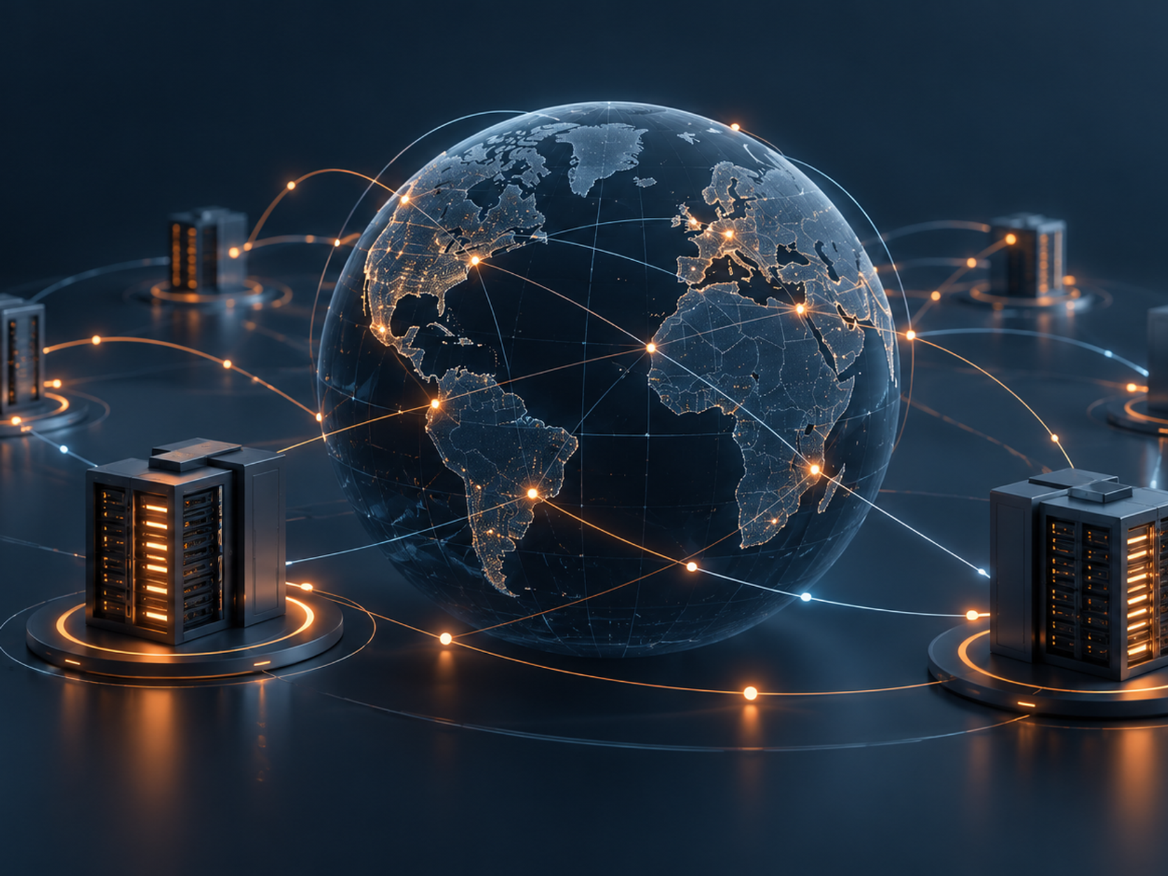 Illustrated globe connecting server locations with orange network routes.