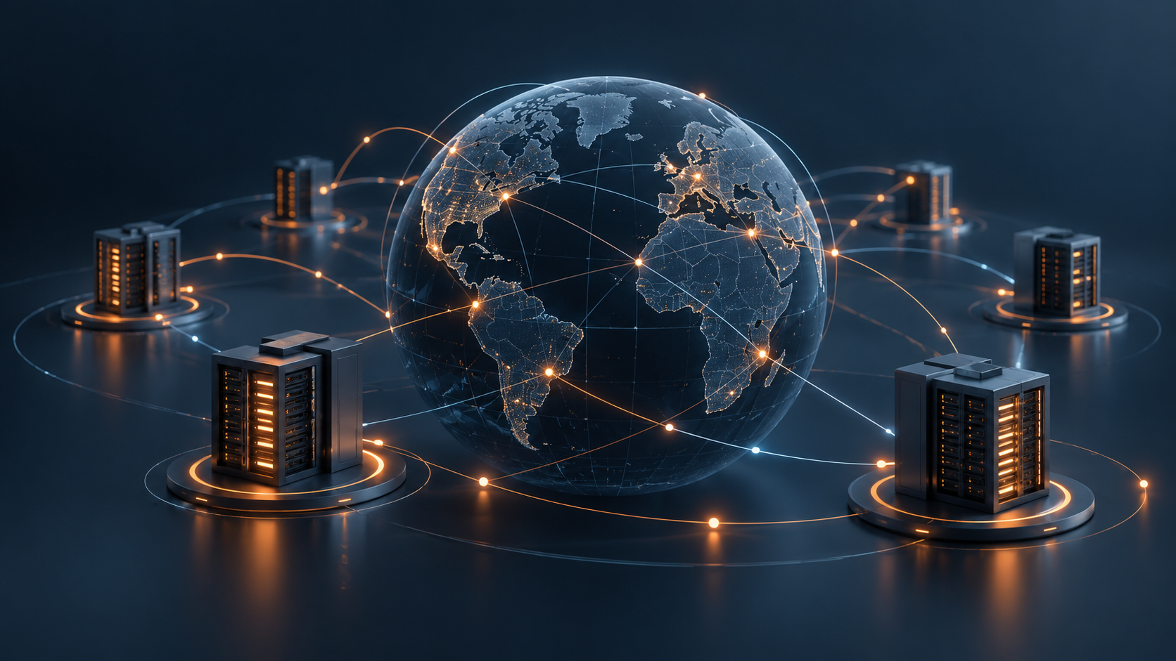 Illustrated globe with distributed VPS server racks connected by orange network routes.