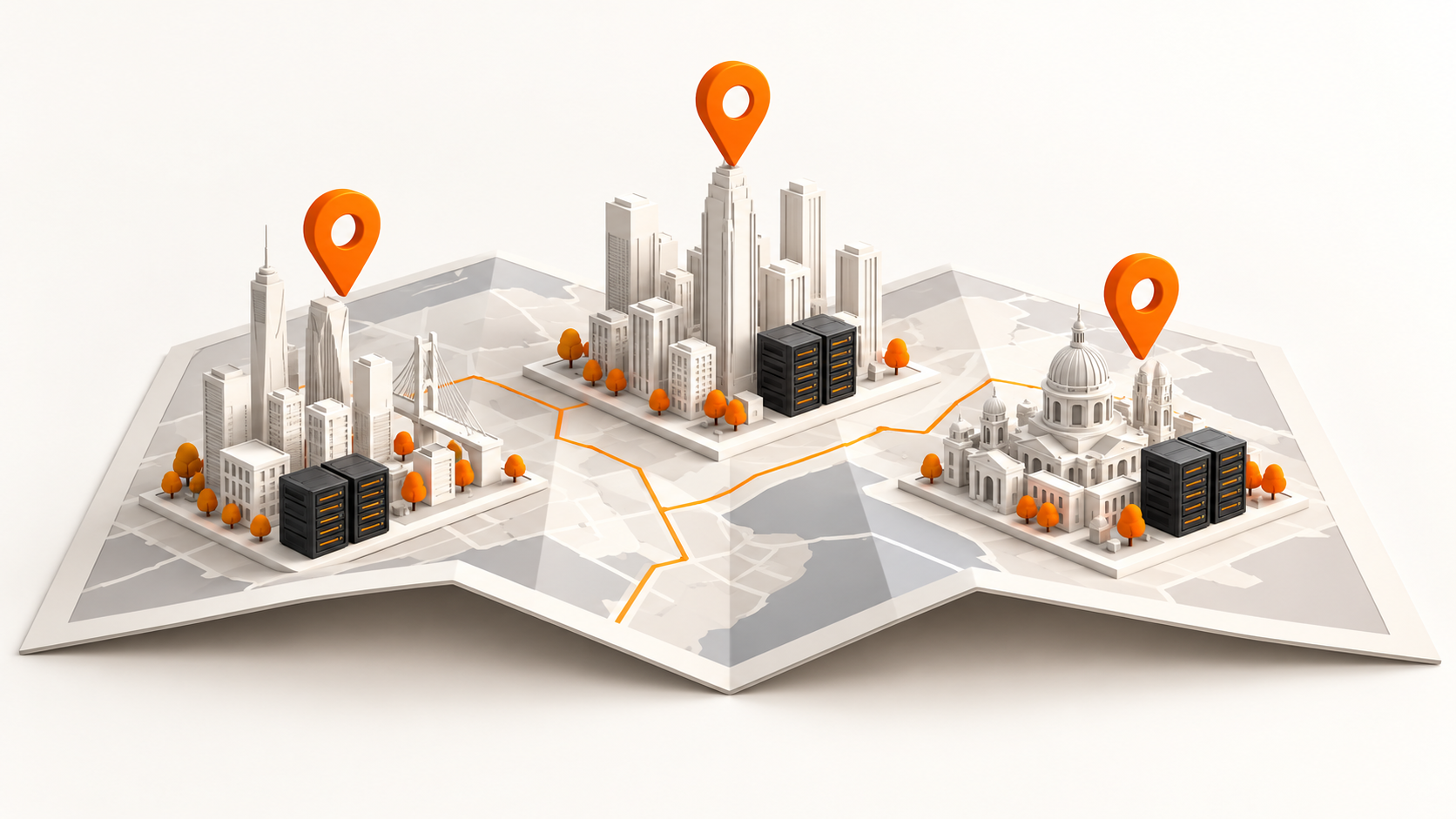 Folded map with city buildings, server clusters and orange location pins.
