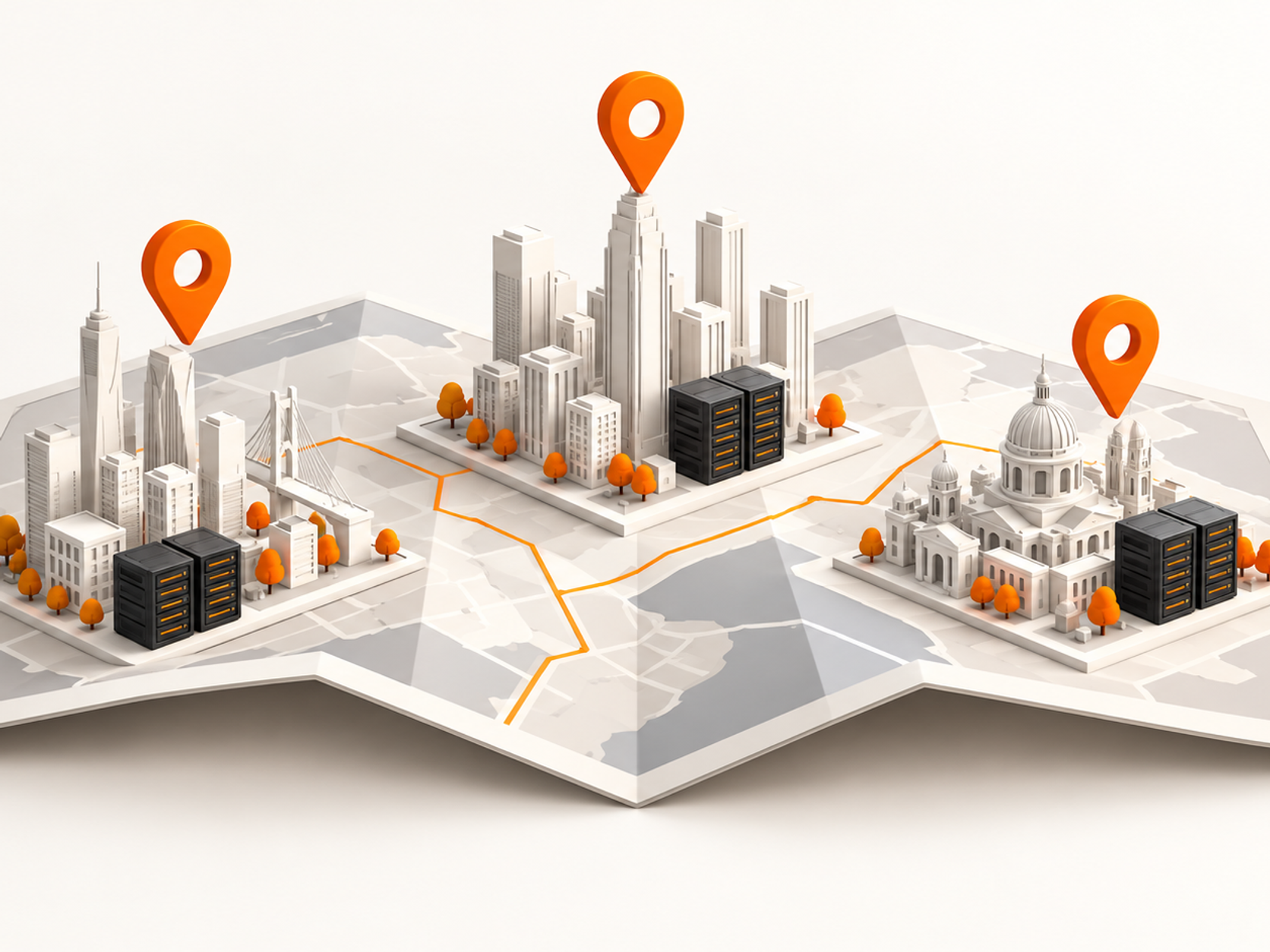 Folded map with city buildings, server clusters and orange location pins.