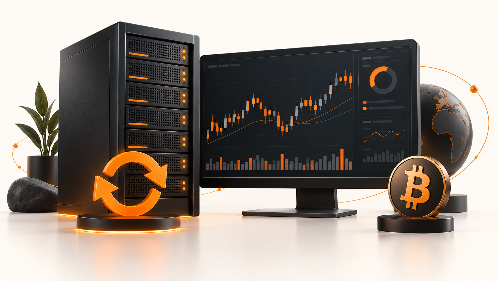 Server with automation arrows beside a trading chart, globe and Bitcoin symbol.