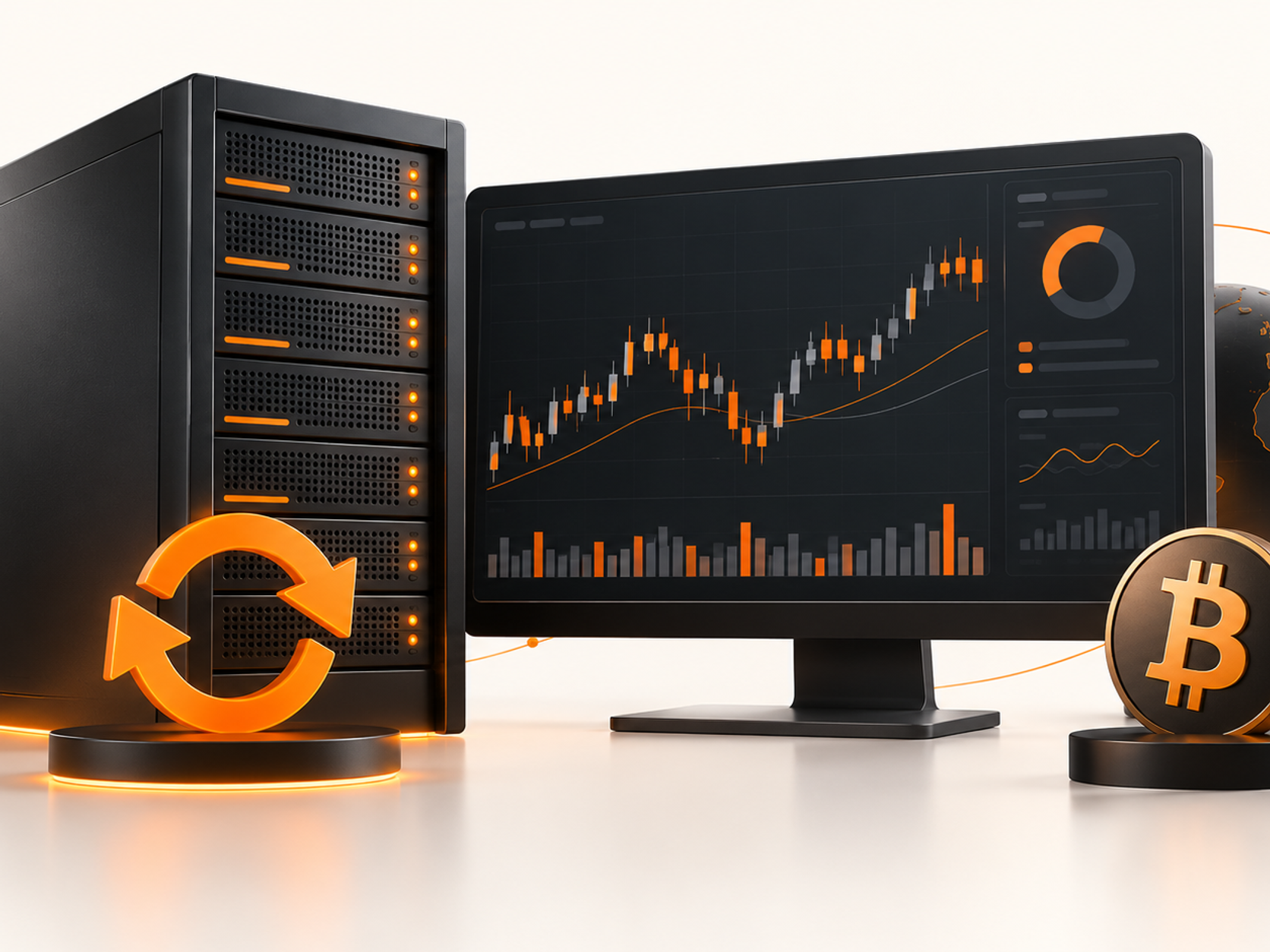 Server with automation arrows beside a trading chart, globe and Bitcoin symbol.