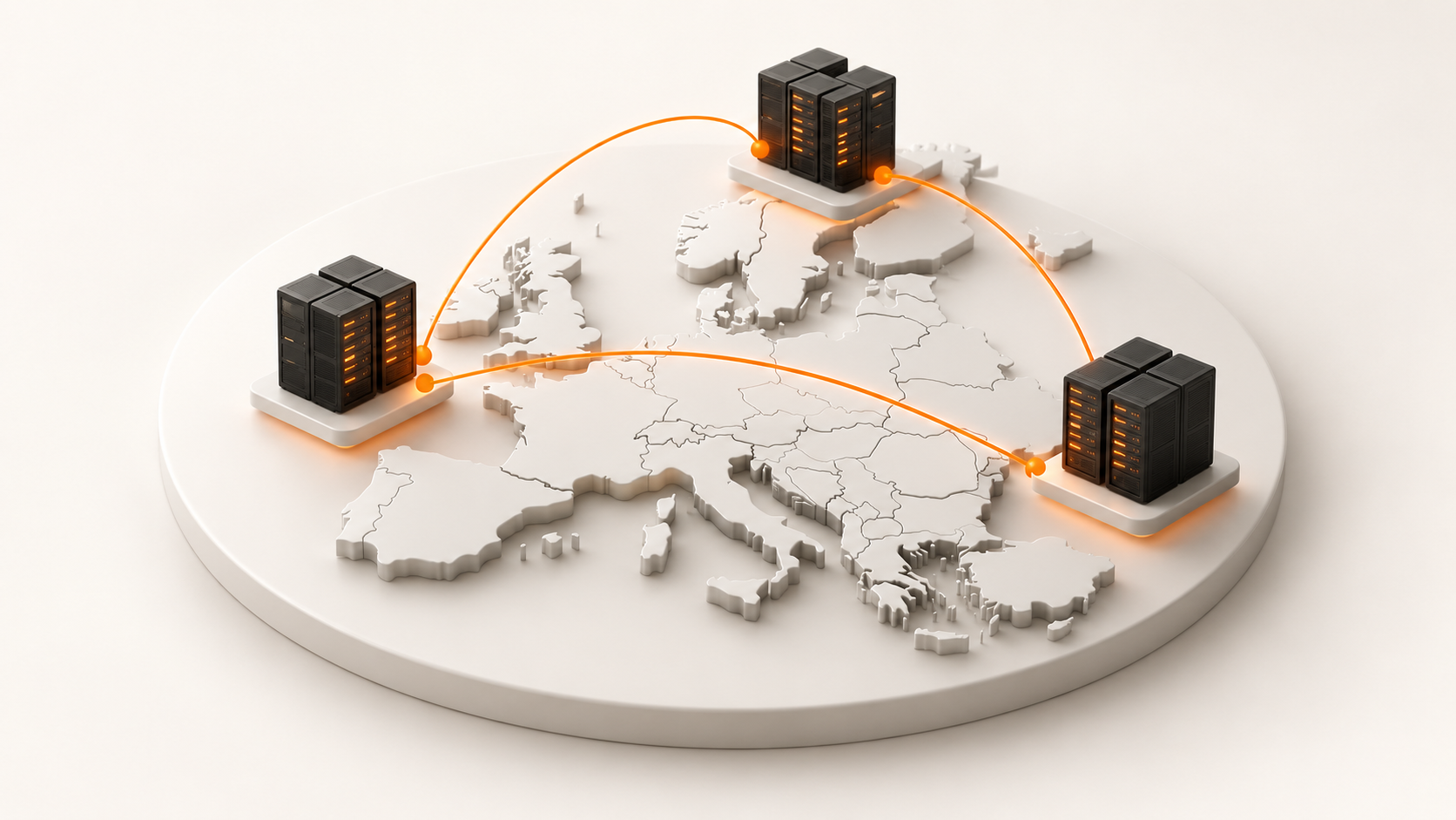 Server clusters linked by orange network routes across a raised map of Europe.