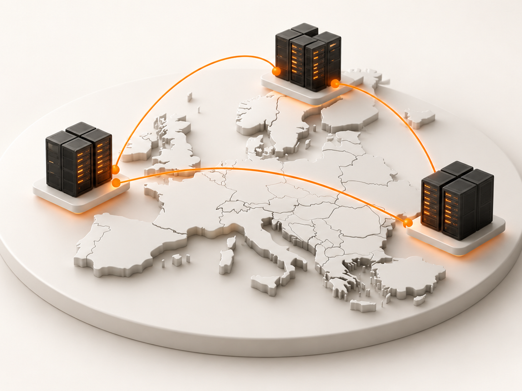 Server clusters linked by orange network routes across a raised map of Europe.