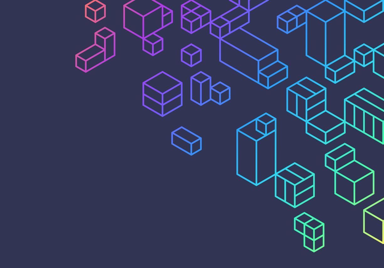 Multicoloured wireframe cubes on a dark blue background.