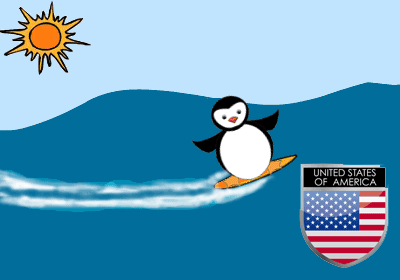 Original Waveride artwork: a penguin surfs in a blue wave beside a Chicago badge.