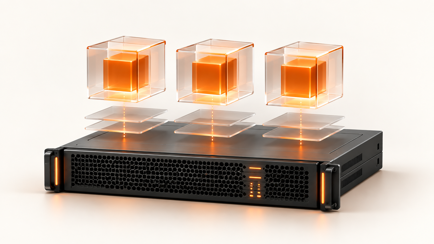 Rack server supporting three glowing virtual machine cubes.