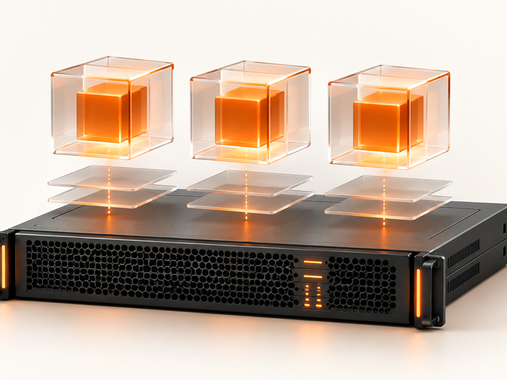 Rack server supporting three glowing virtual machine cubes.
