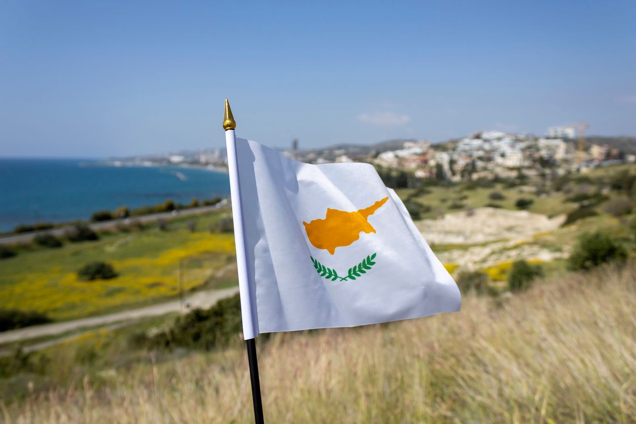 Cyprus flag on the Amathounta historic site hills, overlooking Limassol