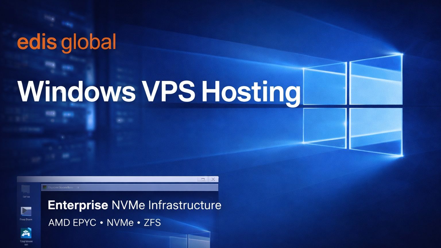 Windows Desktop showing EDIS Global Logo and some specs like Enterprise NVMe and AMD EPYC processors and ZFS
