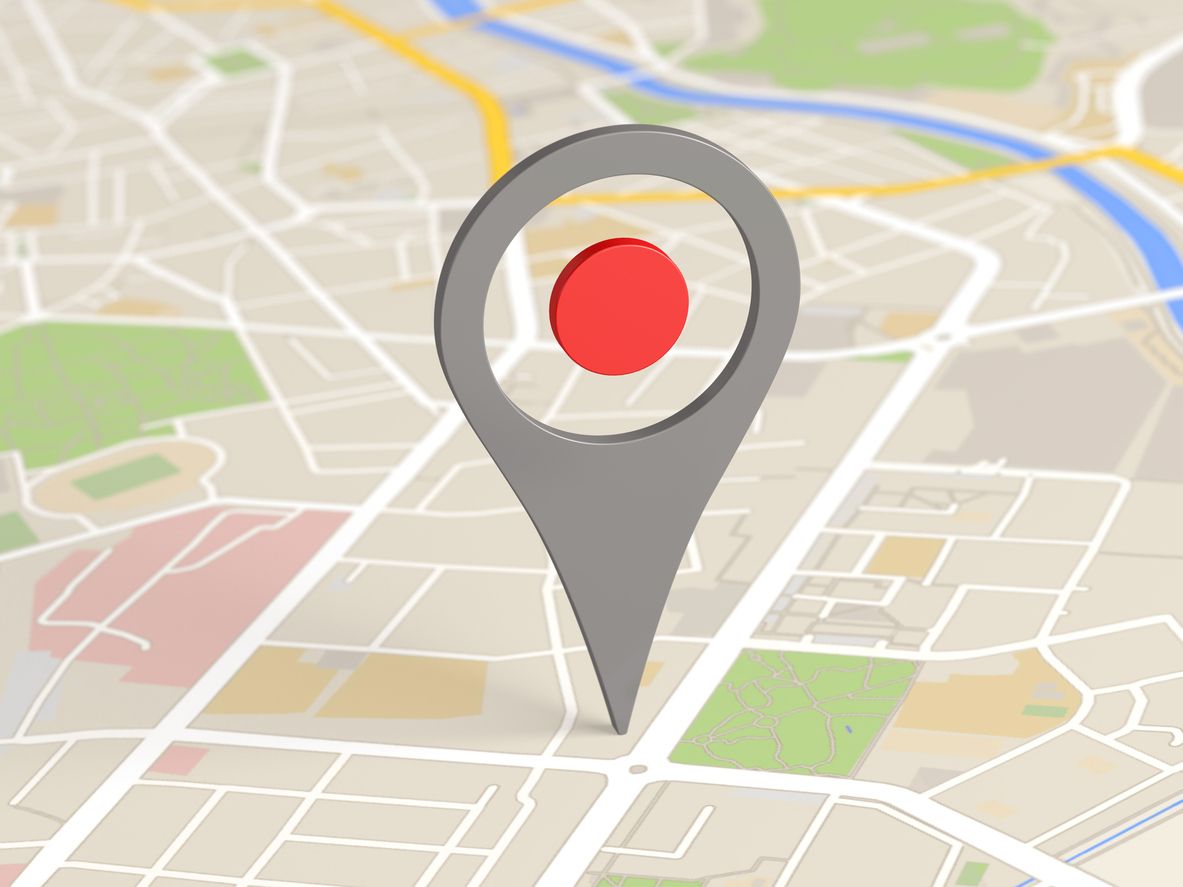Location pin on a street map illustrating IP geolocation.