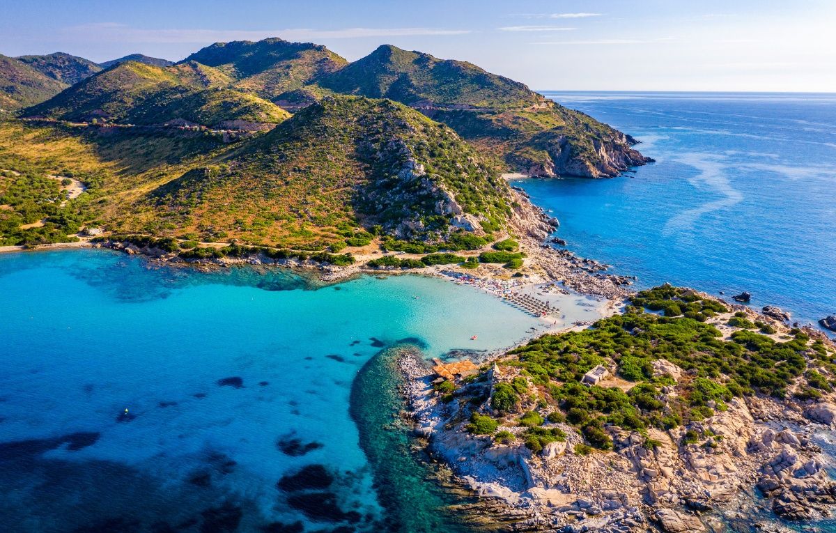 Beautiful bay with sandy beach at Punta Molentis, Sardinia island, Italy.