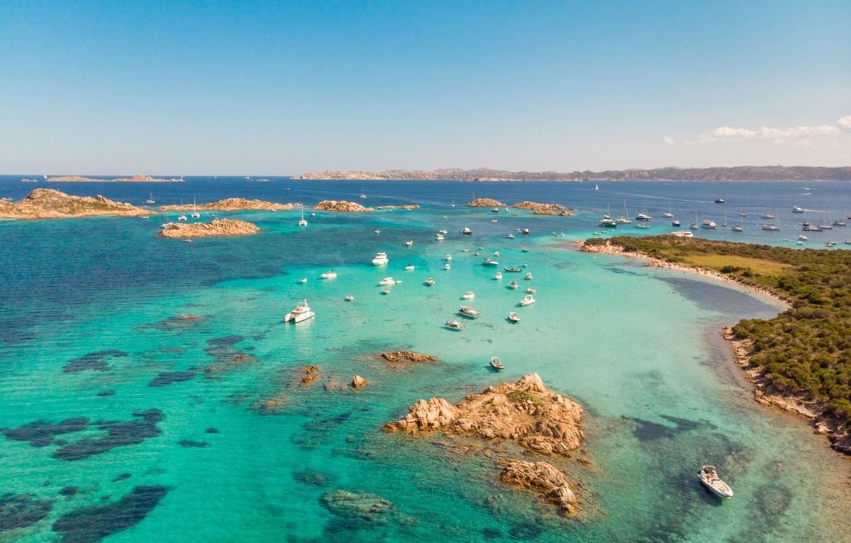 Drone Aerial View of Razzoli, Santa Maria and Budelli Islands in Maddalena Archipelago, Sardinia, Italy.