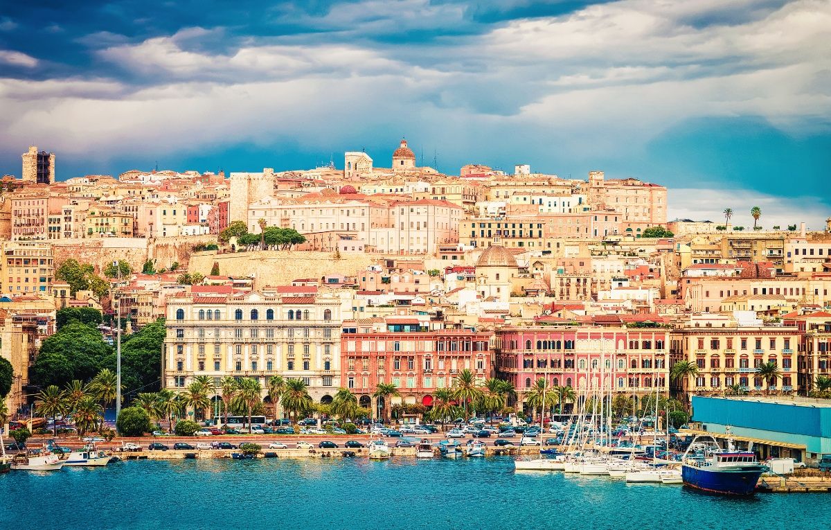 Cagliary cityscape with architecture and Mediterranean Sea in Sardinia Italy