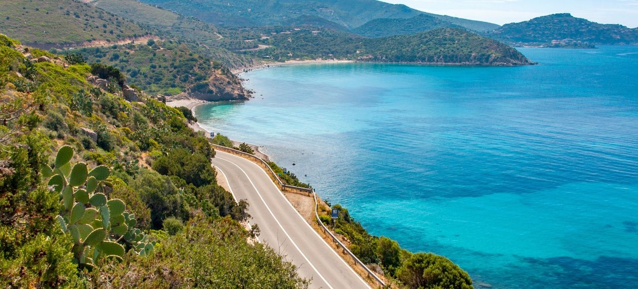 Panoramic road along the coast in Villasimius. Road 17 between Cagliari and Villasimius, Sardinia, Italy