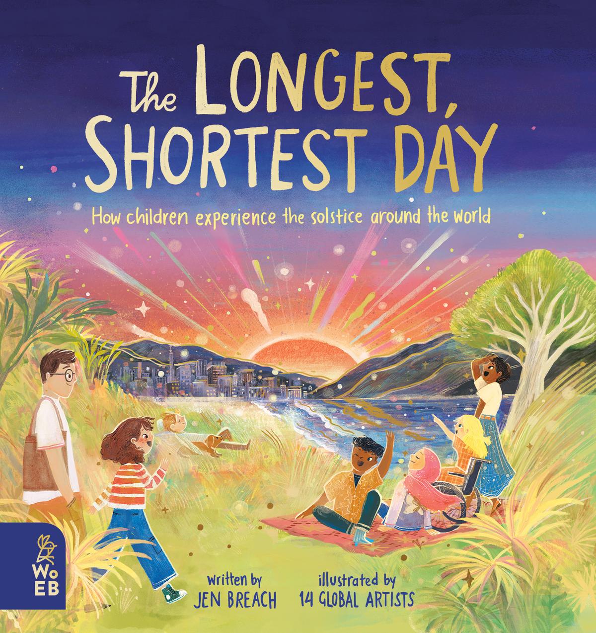 The cover image for The Longest, Shortest Day by Jen Breach shows an adult and a child approaching a picnic blanket where four other children have gathered. They are waving. In the background the sun is setting over a city on a bay, with stylized dramatic rays. - Image credit Cover illustration by Nabila Adani Putrinda