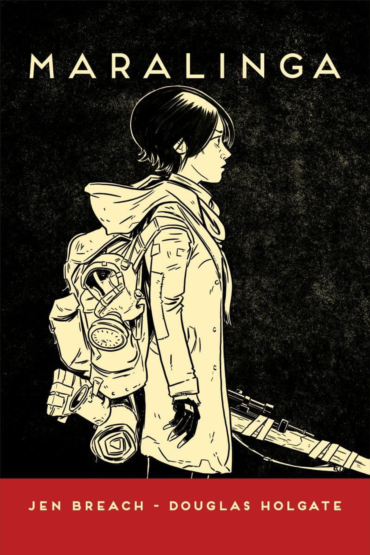 Cover illustration from Maralinga, Book 1 shows a young girl in profile carrying a rifle and wearing a backpack of camping gear - Image credit Cover illustration by Douglas Holgate