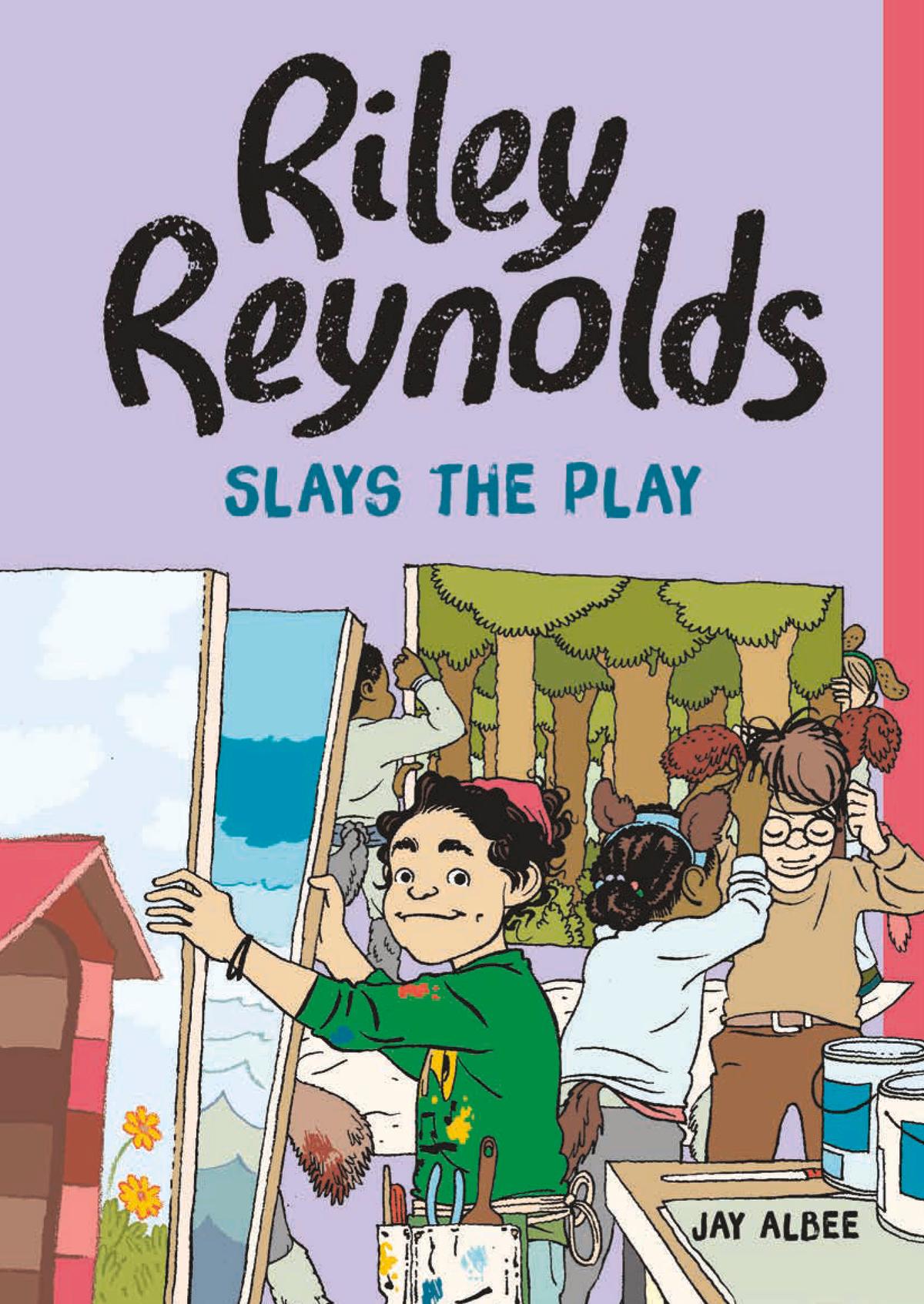 Cover illustration for Riley Reynolds Slays the Play by Jay Albee shows Riley Reynolds, nonbinary fourth grader, wears a paint-stained sweater and a tool belt of art supplies. They are painting play backdrops. Behind them, other kids adjust their homemade dog costumes.  - Image credit Cover illustration by J. Anthony