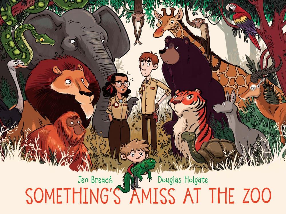 The cover image for picture book Something's Amiss at the Zoo, by Jen Breach, shows two zoologists standing in the middle of a group of various animals--elephant, lion, snake, giraffe, tiger, kangaroo, ostrich, bear, and more--who look at them, unimpressed. In the foreground, a small boy holds a large green lizard. - Image credit Cover illustration by Douglas Holgate