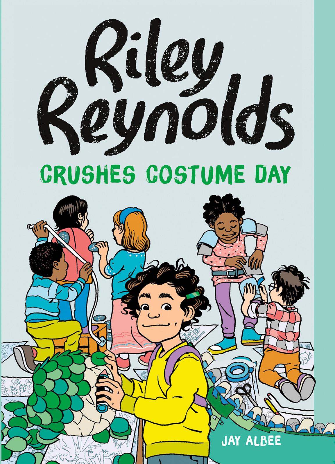 Cover illustration for Riley Reynolds Crushes Costume Day by Jay Albee shows Riley Reynolds, nonbinary fourth grader, is crafting a paper mache dragon head and tail. They are surrounded by friends and classmates helping each other craft costumes. - Image credit Cover illustration by J. Anthony