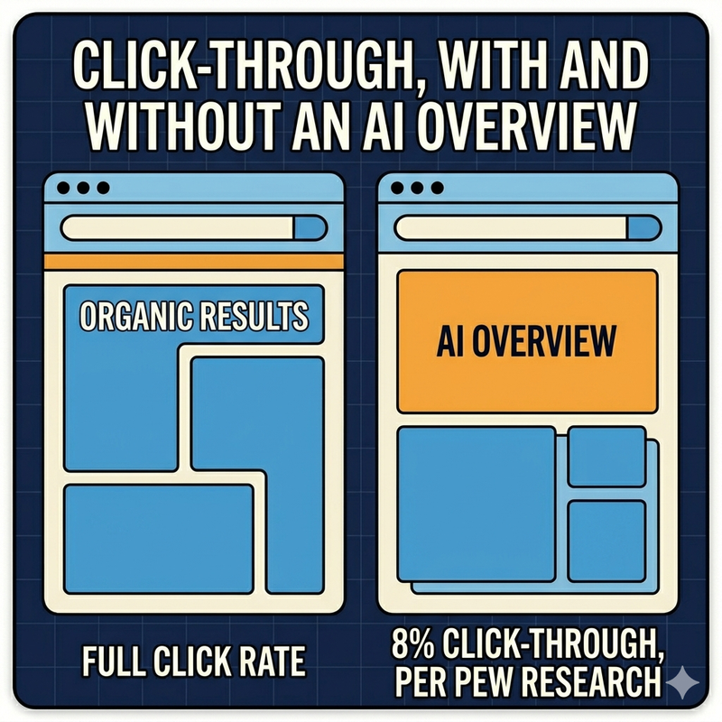 Comparison chart of search click-through rate with and without a Google AI Overview present, per Pew Research
