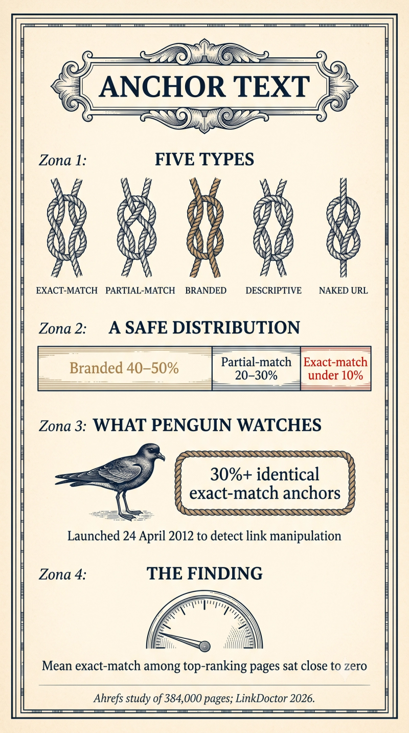 Engraved-style infographic showing the five anchor text types and a safe distribution weighted toward branded anchors