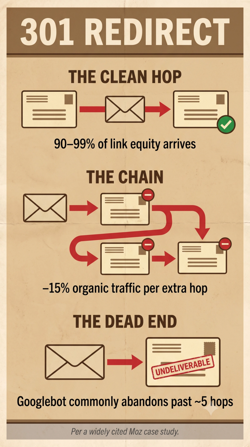 Infographic comparing a clean single-hop 301 redirect against redirect chains losing 15 percent of traffic per hop