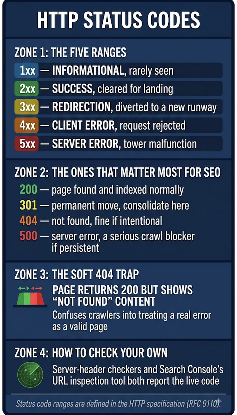 The HTTP status codes that matter most for SEO: 200, 301, 302, 404, 410, and 5xx errors