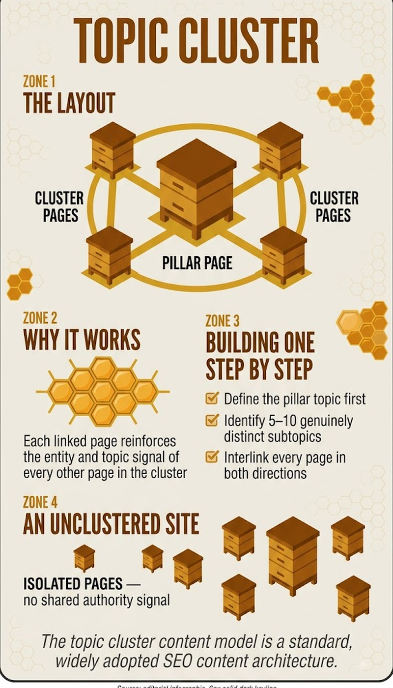 Topic cluster hub-and-spoke structure: one pillar page linked to 8 to 12 supporting cluster pages
