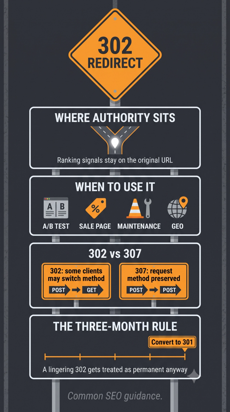Infographic explaining 302 temporary redirects, when to use them, 302 versus 307, and the three-month conversion rule