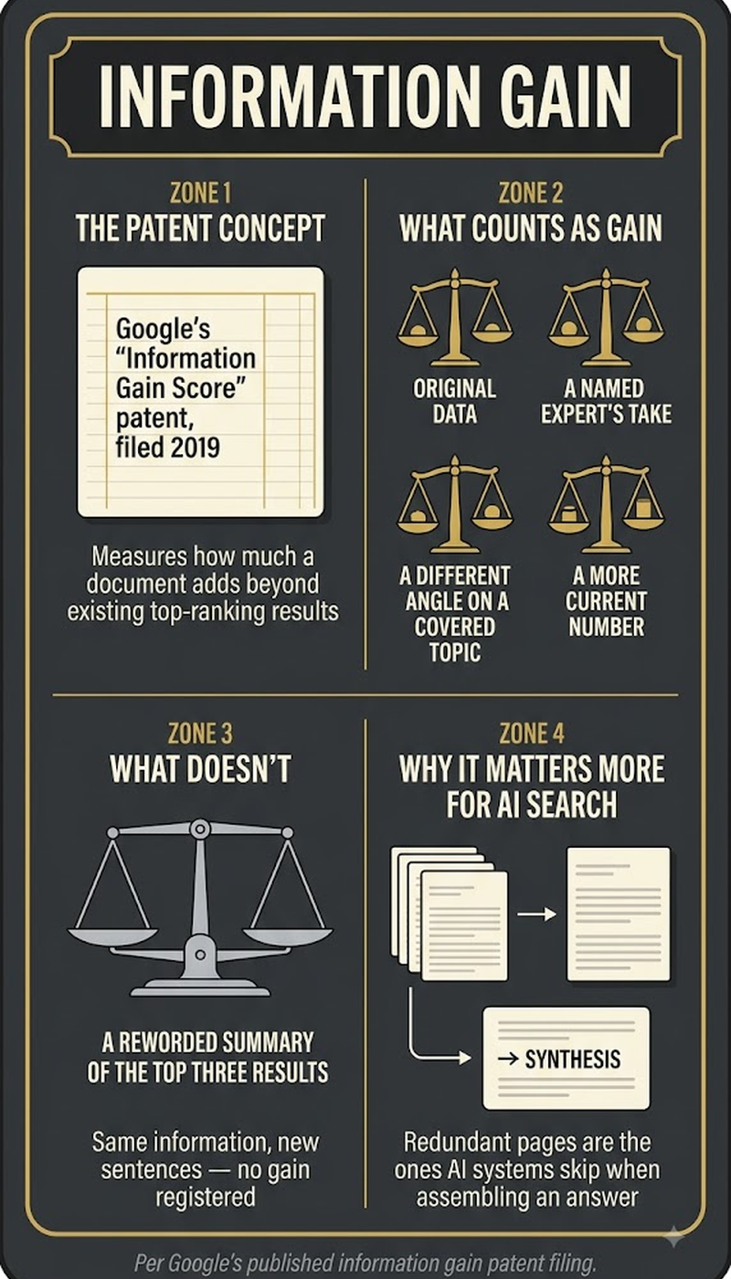 Information gain versus comprehensiveness: a short original page can outrank a longer restated one