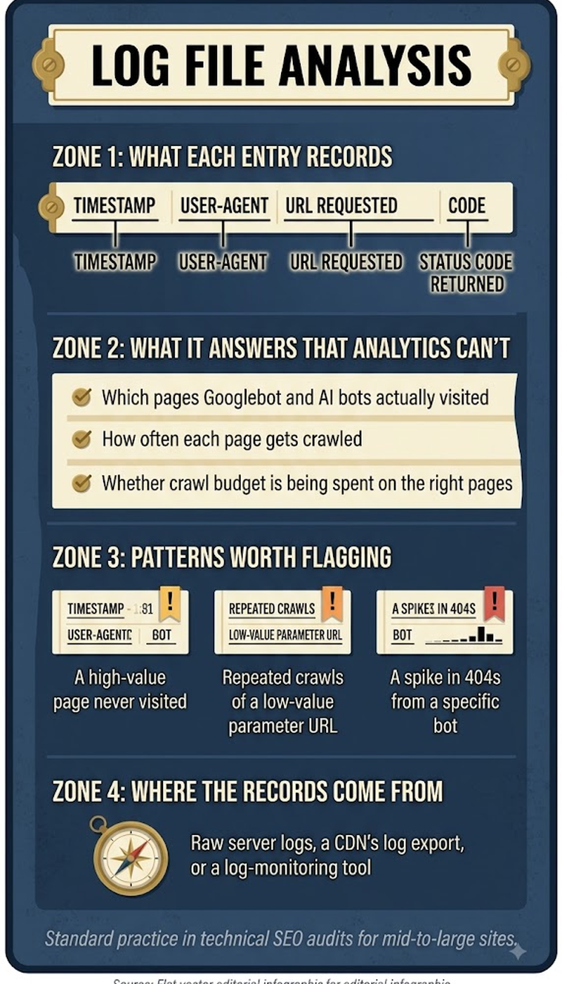 What log file analysis reveals: priority page crawl coverage, crawl budget allocation, and AI bot access