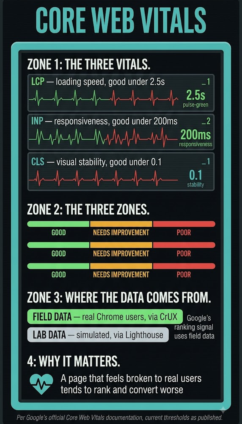 Infographic showing Core Web Vitals passing thresholds and their impact on bounce rate