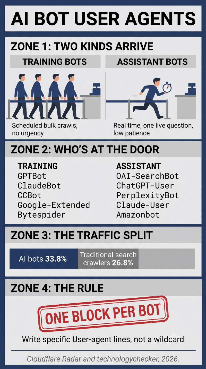 Infographic identifying major AI bot user agents and comparing training bots with real-time assistant bots
