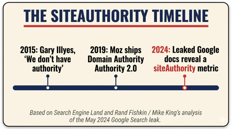 Timeline showing Google's 2015 authority denial, the 2019 Domain Authority 2.0 update, and the 2024 siteAuthority leak