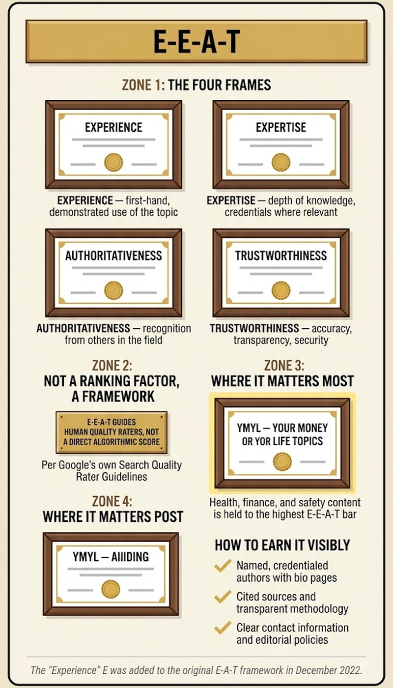Infographic of the four E-E-A-T components and how Trustworthiness anchors the others