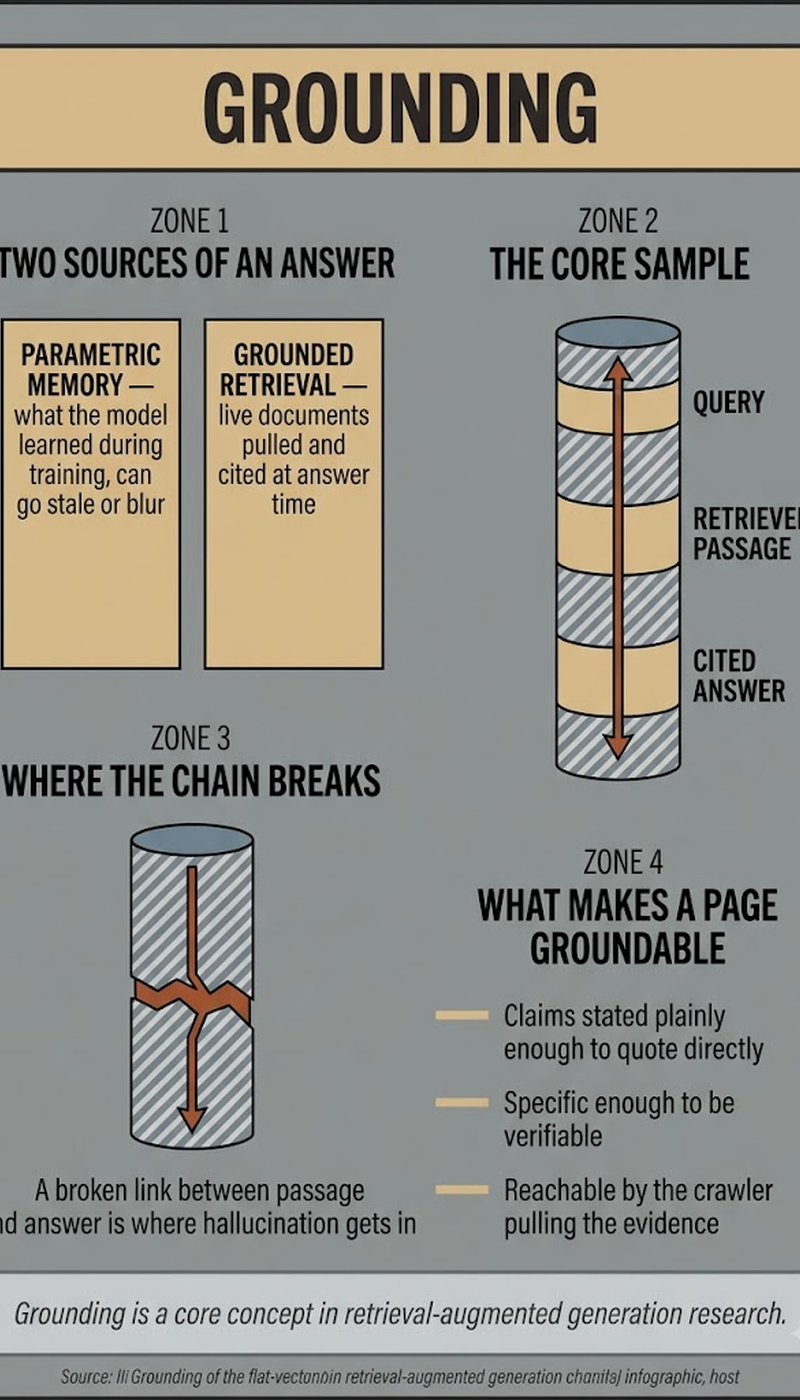 Five-step grounding pipeline: chunk, embed, store, retrieve, answer