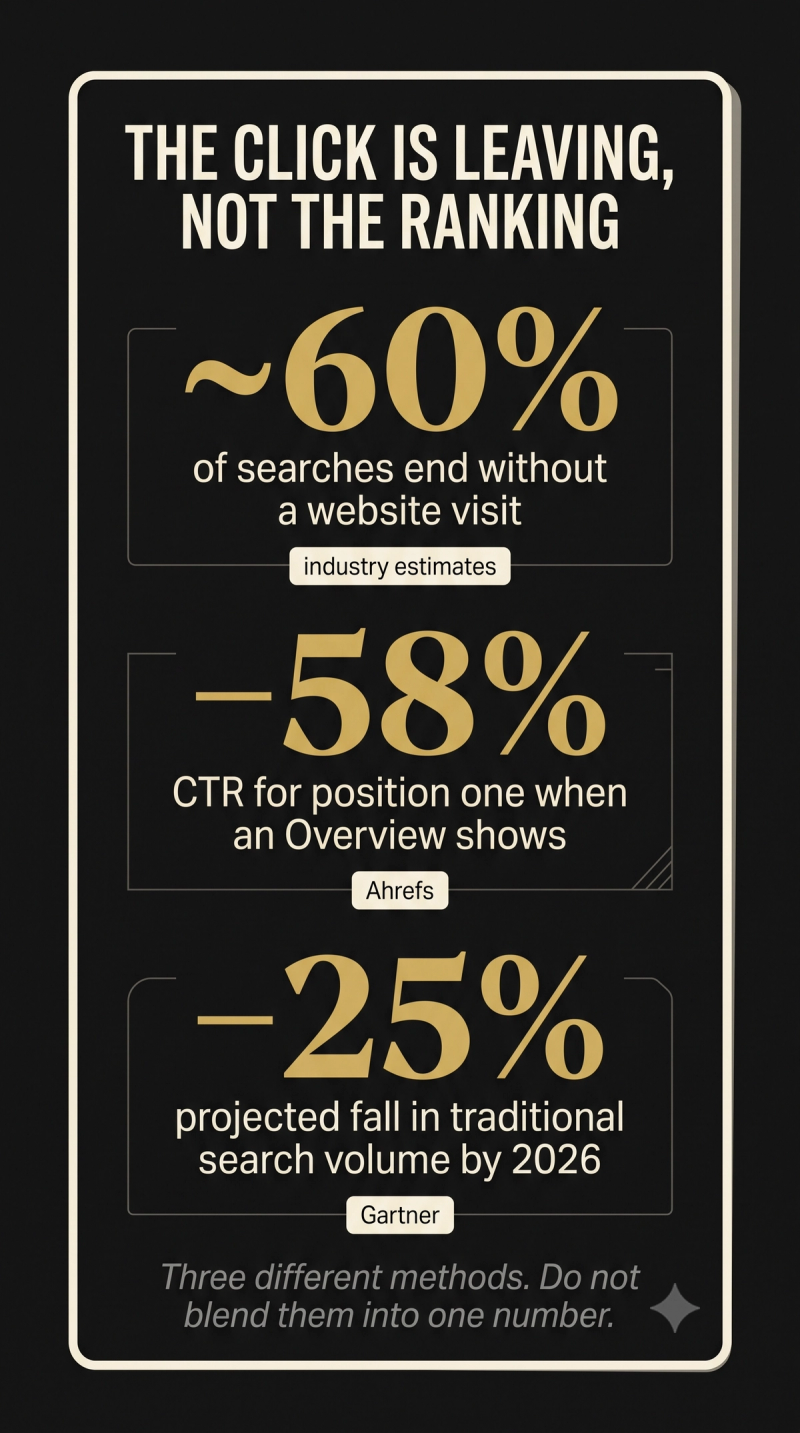 Card showing zero-click searches near 60 percent, a 58 percent CTR drop, and Gartner's projected 25 percent search volume decline