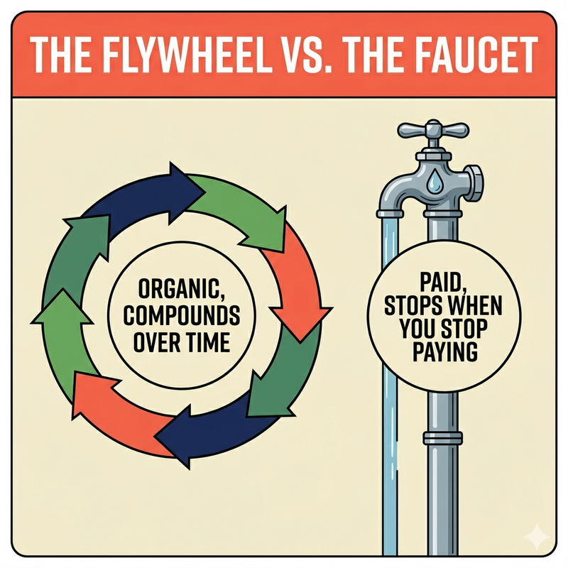 Diagram comparing the SEO flywheel to the PPC faucet, showing why organic search compounds and paid ads stop the moment spend stops